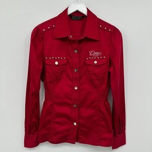 Coogie Womens Top Shirt Size Large Red Silver Studs Stretch Fitted Long Sleeve